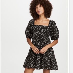 Wayf Windham Puff-Sleeve Babydoll Dress Square Neck Color: Black Yellow Ditsy XL